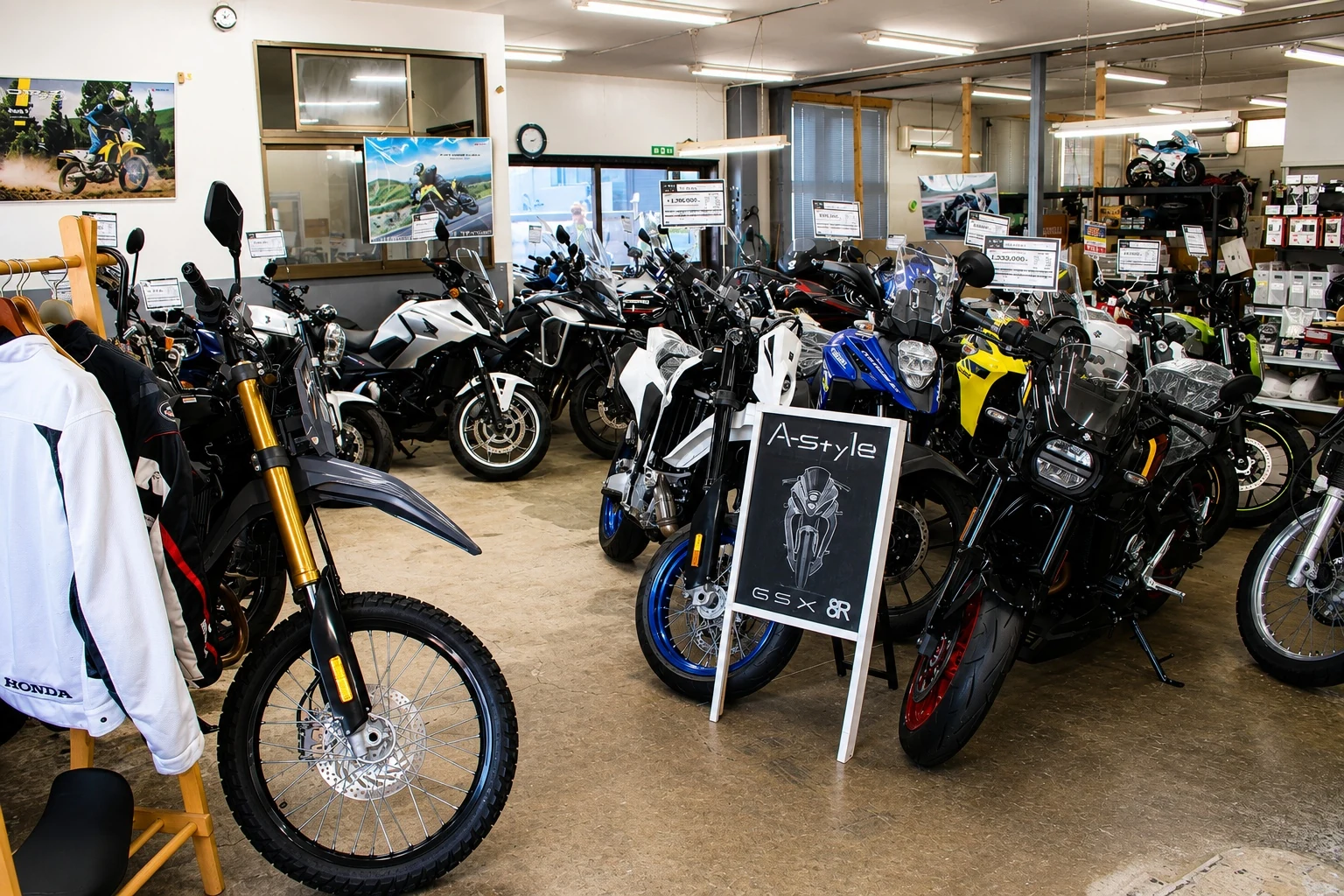 国産中古バイクが並ぶA-Styleの展示スペース
